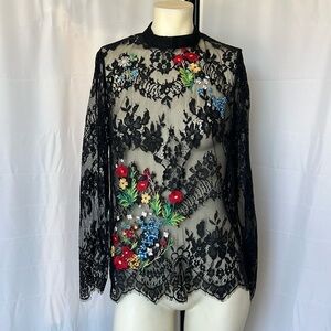 Stradivarius High Neck Lace Long Sleeve Embroidered Blouse